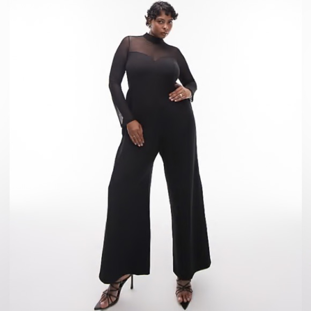 ASOS Curve TOPSHOP Plus Black Mesh Top High Neck Long Sleeve Wide Leg Jumpsuit